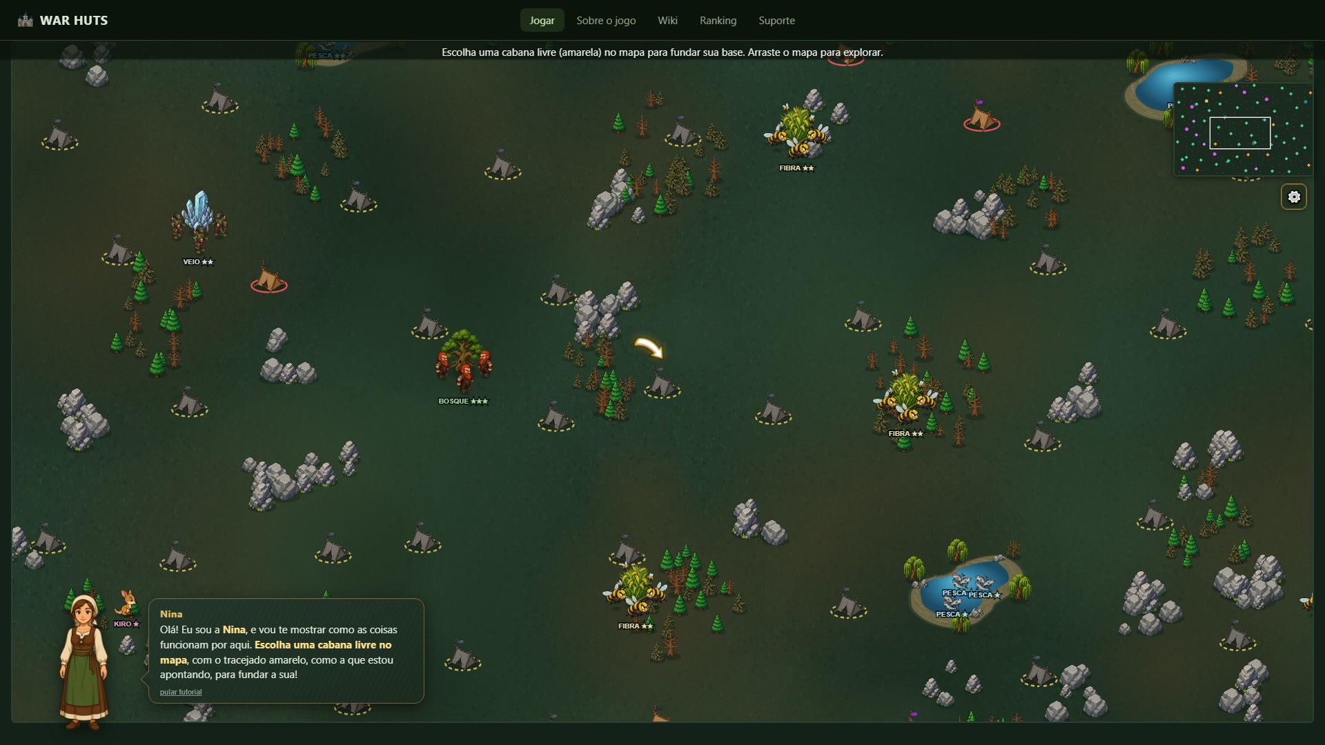 A primeira tela do jogo: a Nina apontando uma cabana livre no mapa